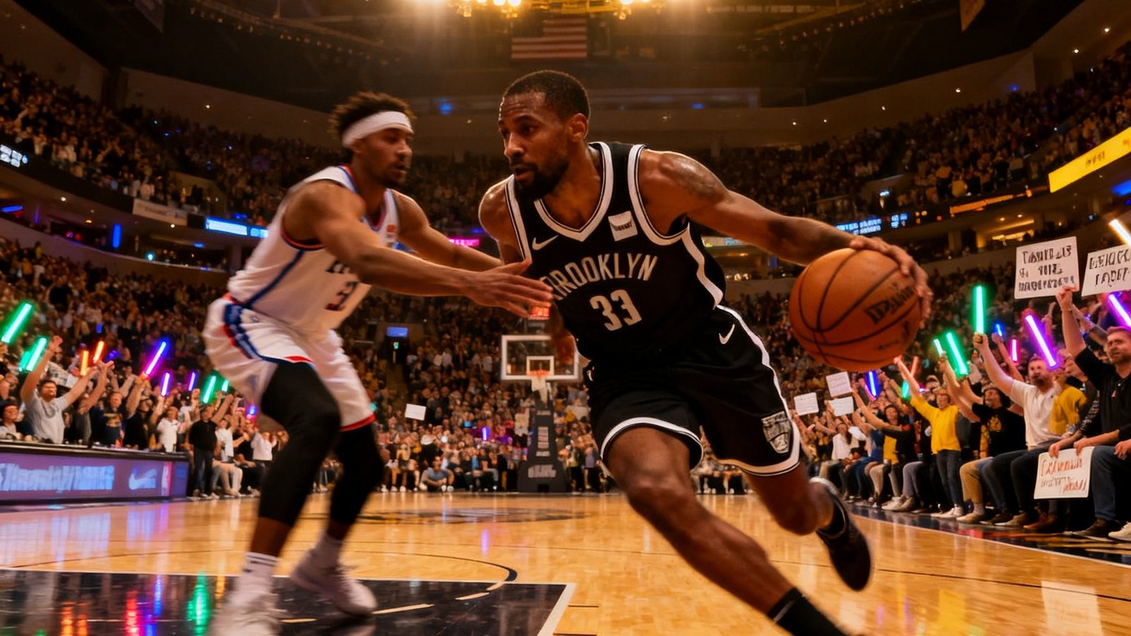 NBA赛场上球星持球突破防守，球馆内灯光璀璨，观众热情高涨